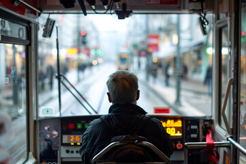 Driver steering a tram on city tracks at dusk, with illuminated dashboard controls in focus.