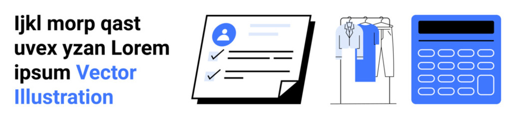 Clipboard with task list, clothes rack with hanging garments, and calculator. Ideal for productivity, organization, finance, business, personal planning time management and office tools. Landing