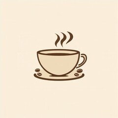 Fototapeta premium Elegant minimalist coffee cup logo featuring steam lines and scattered coffee beans in warm tones