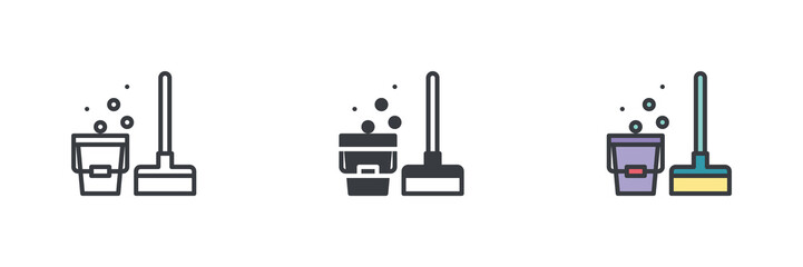 Mop and bucket with bubbles different style icon set