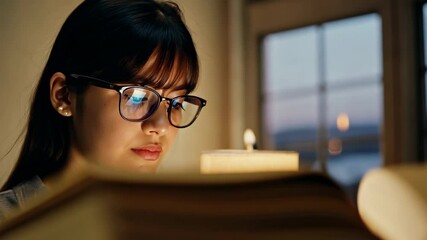 Young Asian female student with eyeglasses reading the book in a library. A quiet moment in the library as a student enjoys her book, deeply engaged in reading.