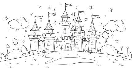 Fototapeta premium A Fairytale Castle Drawing With Stars And Clouds