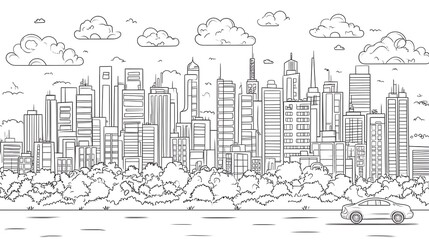 Naklejka premium Cityscape Skyline With Car And Lush Greenery