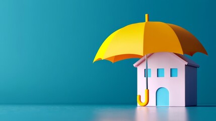 A pastel house protected by a bright yellow umbrella against a teal background, symbolizing safety and shelter.
