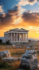 Panoramic view of ancient temple ruins showcasing greek architecture against a dramatic dusk sky