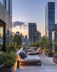 Luxury City Rooftop Oasis: A stunning, modern rooftop terrace in an urban setting, designed for relaxation and enjoyment, complete with contemporary furnishings and breathtaking cityscape views.