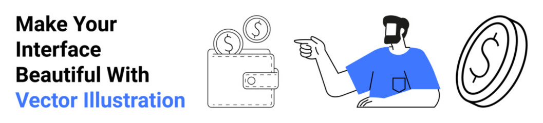 Wallet holds coins person points to a large coin, emphasizing financial concepts. Ideal for banking, savings, transactions, e-commerce, fintech, investments, promotional flat landing page banner