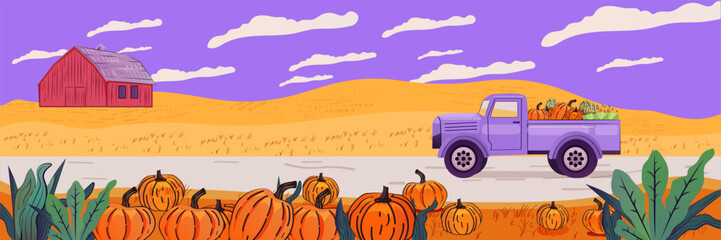 Vintage truck carrying pumpkins in rural autumn landscape with red barn and fields under a purple sky. Farm harvest scene © mast3r