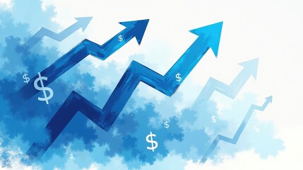 Sky blue and white dynamic brushstrokes represent political debate, with rising arrows and dollar signs. A conceptual illustration with texture overlays for depth and visual priority.