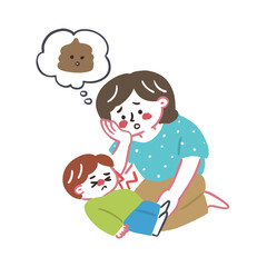 息子が長い間便が出ていなくてお腹が痛いのを心配している母親　腸内環境についてのイラスト