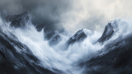Obraz premium spectacle of nature in motion is captured in breathtaking drama of an avalanche descending a mountain slope, with majestic peaks and turbulent snow