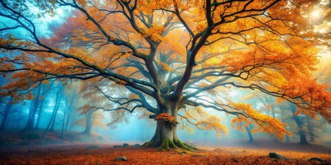 Autumnal Majesty A Mystical Forest Scene Featuring a Majestic Ancient Tree with Vibrant Golden Leaves and Enveloping Mist