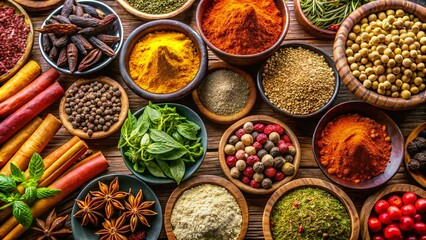 A variety of spices and herbs on a table in bowls and scattered around