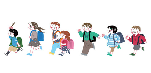 走っている小学生の子供達のイラストセット