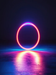 Obraz premium Glowing Neon Ring: A vibrant neon ring, radiating an intense, ethereal glow, levitates above a reflective surface, casting captivating shadows. 