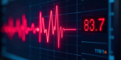 Close up of EKG monitor with digital heart rate display, screen, intensive care, technology