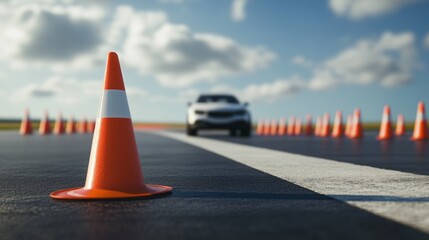 Driver training course with cones and specialized vehicle for skill development on safe track