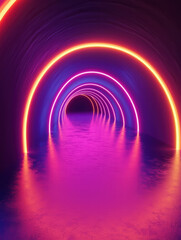 Fototapeta premium Neon tunnel illusion: A neon-lit tunnel creates an immersive journey with its repeating archways and glowing orange and purple illumination