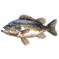 Detailed illustration of a largemouth bass, showcasing its scales and fins against a black background.