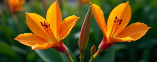 Obraz premium Close-up of exotic orange flowers in full bloom, botanical background texture, full bloom, closeup, texture