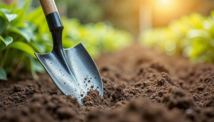 Garden shovel digging into rich soil, illuminated by golden sunlight in a flourishing garden background