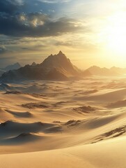 A desert landscape with a mountain in the background
