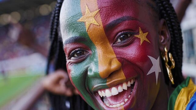 Smiling Burkinab&eacute; woman with face painted in Burkina Faso flag colors, passionate sports fan, national pride at stadium  
