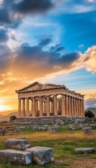 Obraz premium Breathtaking dusk view of ancient greek temple ruins beneath a dramatic sky landscape