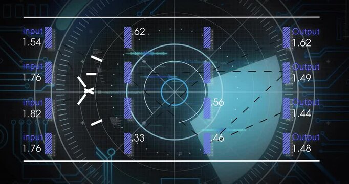 Animation of digital interface showing data input and output with circular grid