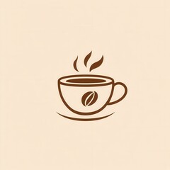 Obraz premium Elegant minimalist coffee cup logo featuring steam and scattered coffee beans in warm brown and beige tones