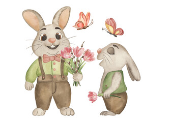 Two cute Easter bunnies in vintage clothes, holding flowers in their paws, delicate pink tulips, soft green, earthy tones, butterflies. Watercolor illustration painted with watercolors. For postcards.