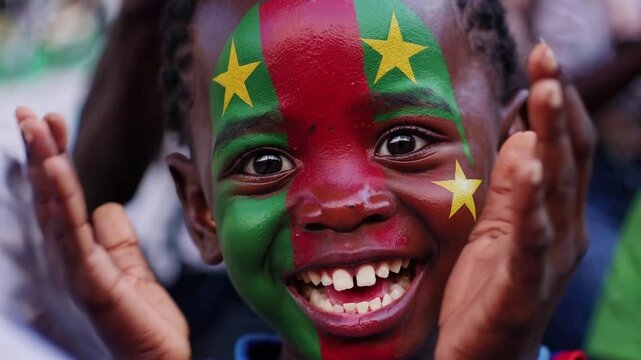 Excited Cameroonian child with national flag face paint cheering with raised arms at a sports stadium