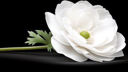 A delicate white flower with layered petals and a green center, resting gracefully against a dark background.