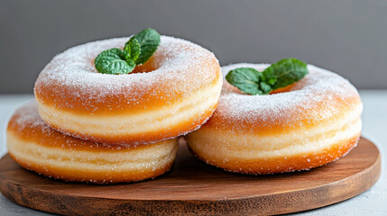 Three sugar coated donuts are stacked on wooden board, garnished with fresh mint leaves, creating tempting and delightful presentation