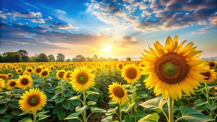 Fototapeta premium Sunflowers in full bloom on a sunny Asian agricultural field with lush green crops and a bright blue sky, set against a warm beige backdrop #sunflowerfield, countrylife, sunnyday