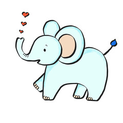 鼻からハートを出すゾウの赤ちゃん　手書きのイラスト　クリップアート　png