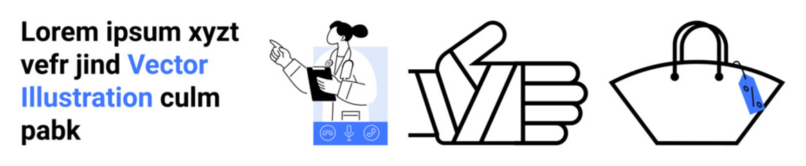 Female scientist holding a clipboard, thumbs-up hand gesture, shopping bag with tag emphasizing approval, commerce, and research. Ideal for science, success, retail, approval analysis branding