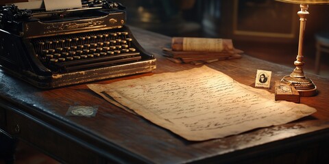 Vintage Typewriter & Manuscript on Desk