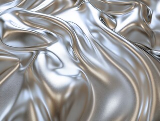 Shiny Metallic Silver Fabric Draped Elegantly with Soft Waves and Textured Surface Offering a Glossy and Reflective Visual Appeal for Design Projects