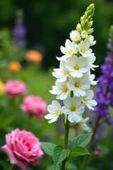 Obraz premium White verbascum blooms tilted, summer garden scene with roses & salvia , white flowers, verbascum