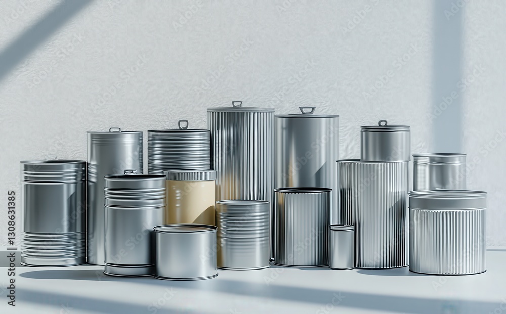 Poster silver metallic cans displayed on a bright surface with shadows creating intriguing patterns in a mo