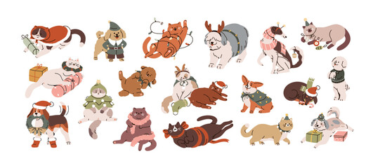 Christmas pets set. Cute funny cats and dogs with holiday accessories, Santa hat, reindeer costume, gifts. Playful merry Xmas animals fun. Flat vector illustration isolated on white background