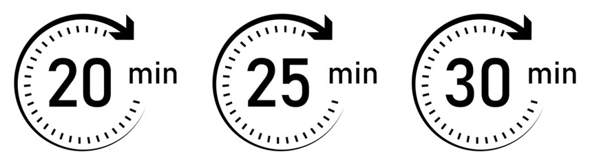 20-, 25- and 30-minutes timer and clock vector icons set in black color. Timer logo. Clock symbols, stopwatch signs, Timer icons. Vector illustration.