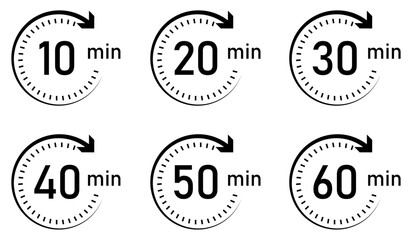 Timer icon set, timer from 10 to 60 minutes. Timer, clock, stopwatch vector icon set. 10, 20, 30, 40, 50, 60 min, timer clock isolated vector illustration. Flat style.