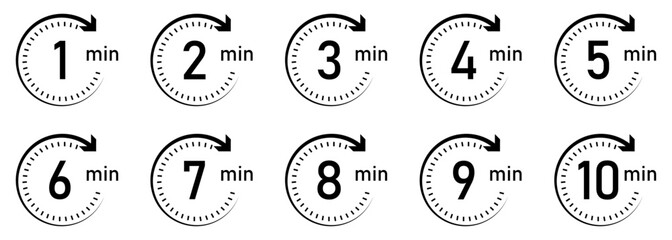 Timer, clock, stopwatch vector icon set. Timer icon set, timer from 1 to 10 minutes. 1, 2, 3, 4, 5, 6, 7, 8, 9, 10, min, timer clock isolated vector illustration. Flat style.