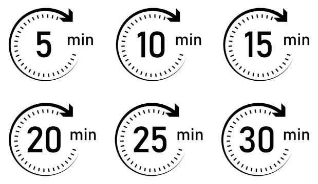 Timer icon set, timer from 5 to 30 minutes. 5, 10, 15, 20, 25, 30, min, timer clock isolated vector illustration. Flat style. Timer, clock, stopwatch vector icon set isolated on white background.