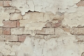 Seamless plastered brick old, weathered brick wall with peeling plaster. The bricks are partially exposed, showing signs of age and deterioration, with a mix of beige and light brown tones.