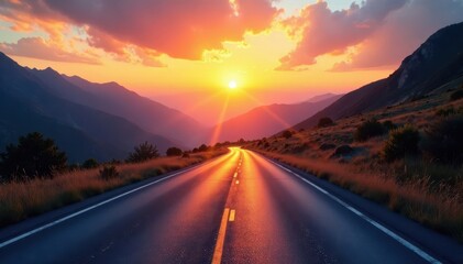 Naklejka premium Endless mountain road at vibrant sunset, clear sky reflects light , curve, vast, sunset