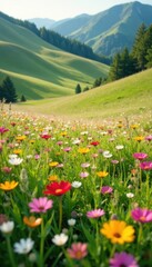 Wildflower carpet blankets rolling hills, soft light , vibrant, rolling hills, wildflowers