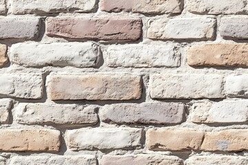 Obraz premium Seamless plastered brick textured brick wall featuring a mix of light beige and cream-colored bricks. The bricks have a rustic appearance with some uneven surfaces and variations in color.